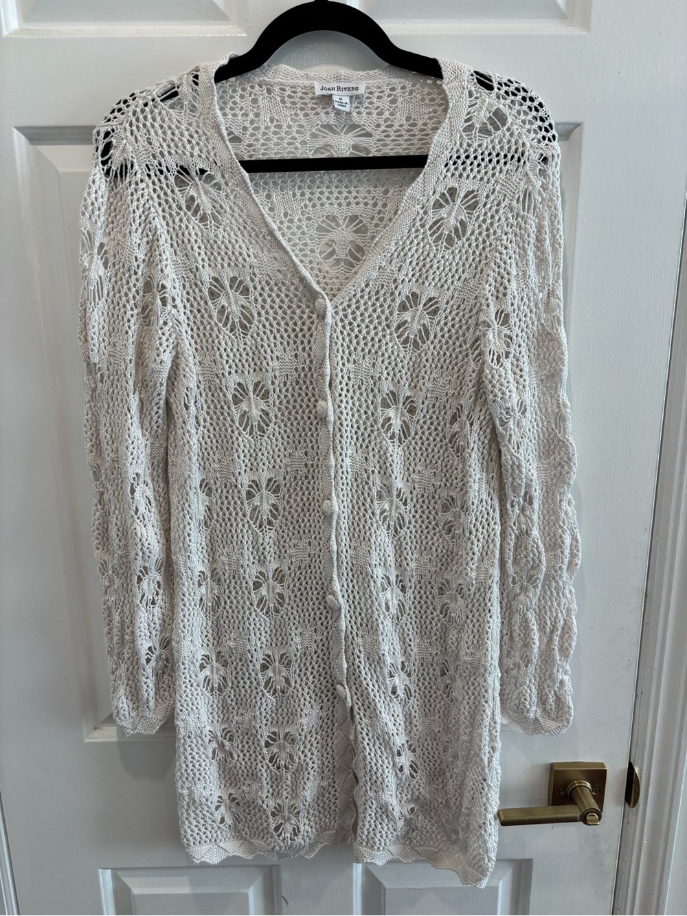 Joan Rivers Classics Collection Cream Crochet Open Knit Long Cardigan